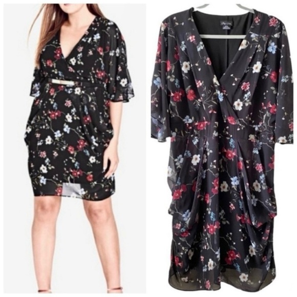 City Chic Floral Allure Chiffon Faux Wrap Drape Batwing Plus Dress Size 18 - Picture 14 of 15